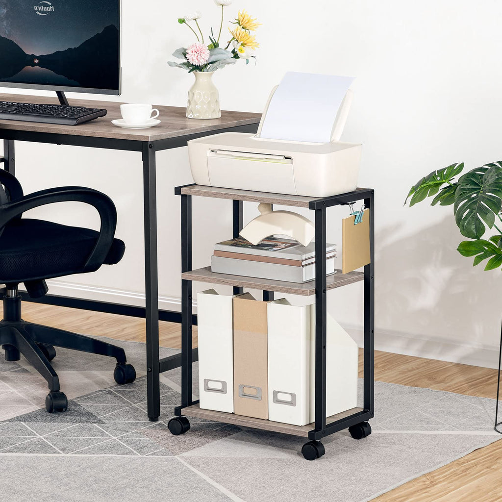 HOOBRO Druckertisch, 3-stöckiger Druckerständer mit Rollen, Höhenverstellbar Druckerwagen, mit 3 Ablagen und 2 Haken, 42 x 28 x 64 cm, für Büro, Fax, Kopierer, Scanner EBG28PS01N1