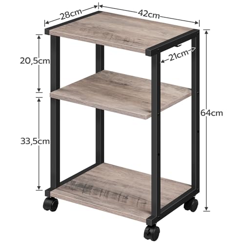 HOOBRO Druckertisch, 3-stöckiger Druckerständer mit Rollen, Höhenverstellbar Druckerwagen, mit 3 Ablagen und 2 Haken, 42 x 28 x 64 cm, für Büro, Fax, Kopierer, Scanner EBG28PS01N1