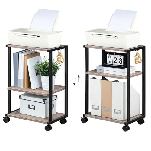 HOOBRO Druckertisch, 3-stöckiger Druckerständer mit Rollen, Höhenverstellbar Druckerwagen, mit 3 Ablagen und 2 Haken, 42 x 28 x 64 cm, für Büro, Fax, Kopierer, Scanner EBG28PS01N1