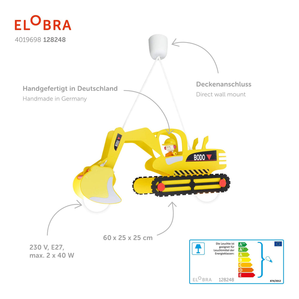 Elobra Hängelampe Kinderzimmer 'Bagger' | Hochwertige Kinderzimmerlampe für Jungen, Bagger Lampe, Pendelleuchte, 60 x 25 x 25 cm, Handarbeit, Gelb