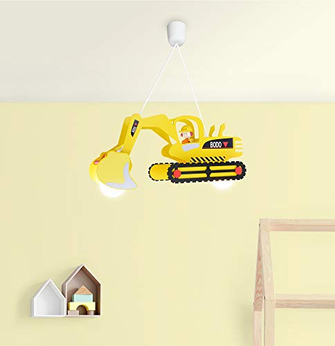 Elobra Hängelampe Kinderzimmer 'Bagger' | Hochwertige Kinderzimmerlampe für Jungen, Bagger Lampe, Pendelleuchte, 60 x 25 x 25 cm, Handarbeit, Gelb