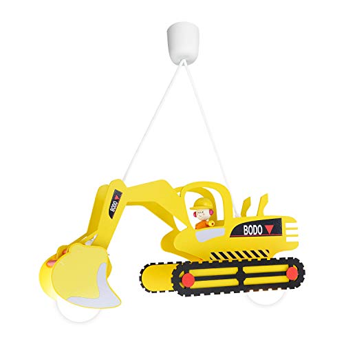 Elobra Hängelampe Kinderzimmer 'Bagger' | Hochwertige Kinderzimmerlampe für Jungen, Bagger Lampe, Pendelleuchte, 60 x 25 x 25 cm, Handarbeit, Gelb