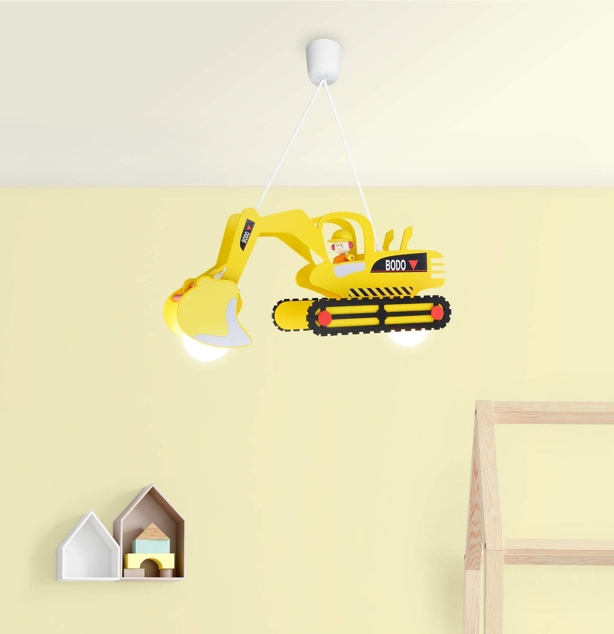 Elobra Hängelampe Kinderzimmer 'Bagger' | Hochwertige Kinderzimmerlampe für Jungen, Bagger Lampe, Pendelleuchte, 60 x 25 x 25 cm, Handarbeit, Gelb