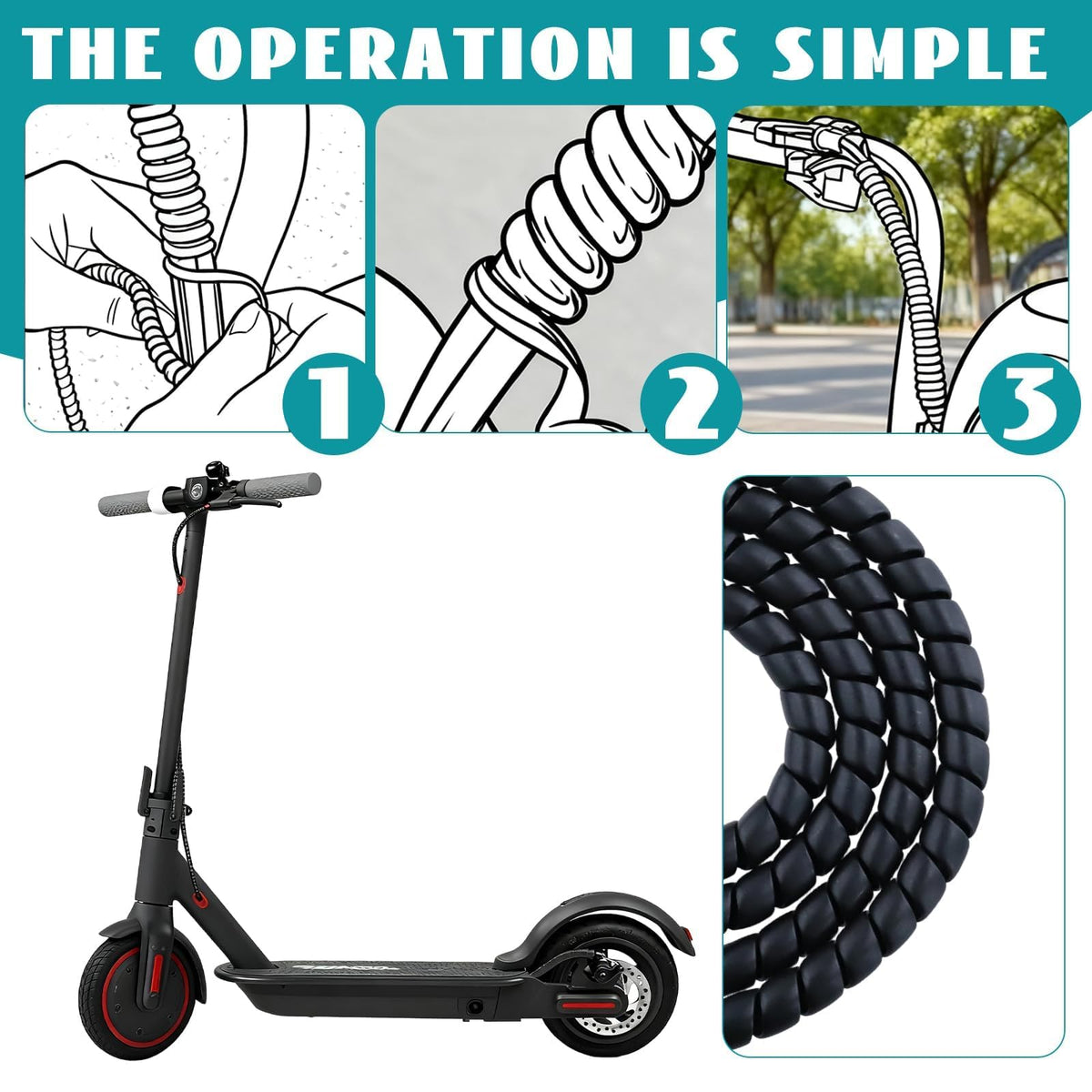 Flexible 120 cm TPU kabelspirale für E-Scooter, Perfekt für Xiaomi 1s/M365/Pro Ninebot Scoote, Anpassbare e Scooter kabelschutz in Schwarz (E-Scooter Zubehör)
