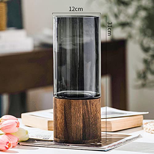 Glas Blumenvase Modern Zylinder Vase Handgefertigte kristallklare Glasvase mit Holzsockel Blumenblume Pflanzenbehälter für Home Office Dekor, Geschenk für Hochzeit Einweihungsparty feiern Höhe 31 cm