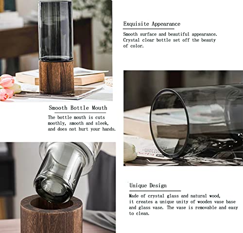 Glas Blumenvase Modern Zylinder Vase Handgefertigte kristallklare Glasvase mit Holzsockel Blumenblume Pflanzenbehälter für Home Office Dekor, Geschenk für Hochzeit Einweihungsparty feiern Höhe 31 cm