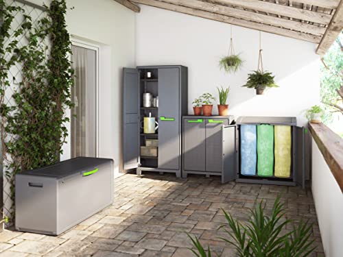 Keter Moby Kunststoffschrank, hoch, anthrazit/grün/grau, 80 x 44 x 182 cm, inkl. 4 höhenverstellbaren Böden mit je 30kg Tragkraft, für drinnen und draußen geeignet, UV- und wasserbeständig (IPX3)