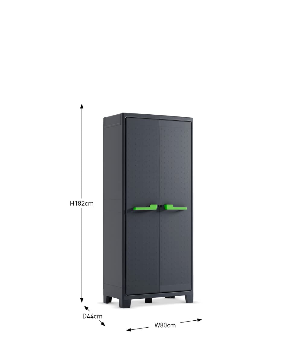 Keter Moby Kunststoffschrank, hoch, anthrazit/grün/grau, 80 x 44 x 182 cm, inkl. 4 höhenverstellbaren Böden mit je 30kg Tragkraft, für drinnen und draußen geeignet, UV- und wasserbeständig (IPX3)