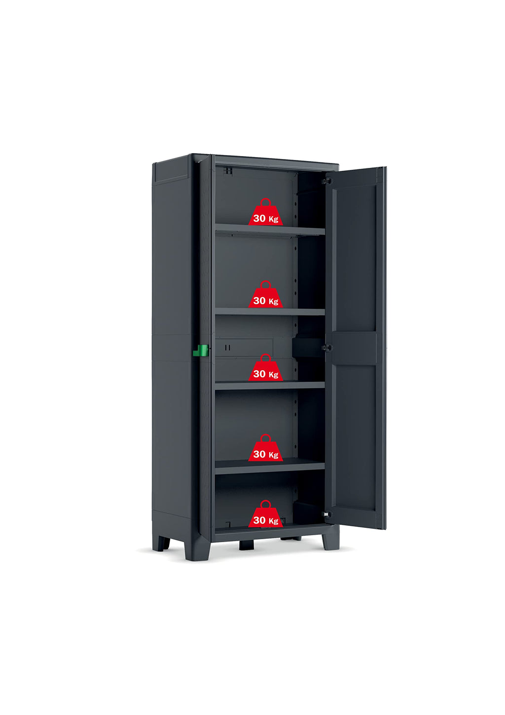 Keter Moby Kunststoffschrank, hoch, anthrazit/grün/grau, 80 x 44 x 182 cm, inkl. 4 höhenverstellbaren Böden mit je 30kg Tragkraft, für drinnen und draußen geeignet, UV- und wasserbeständig (IPX3)