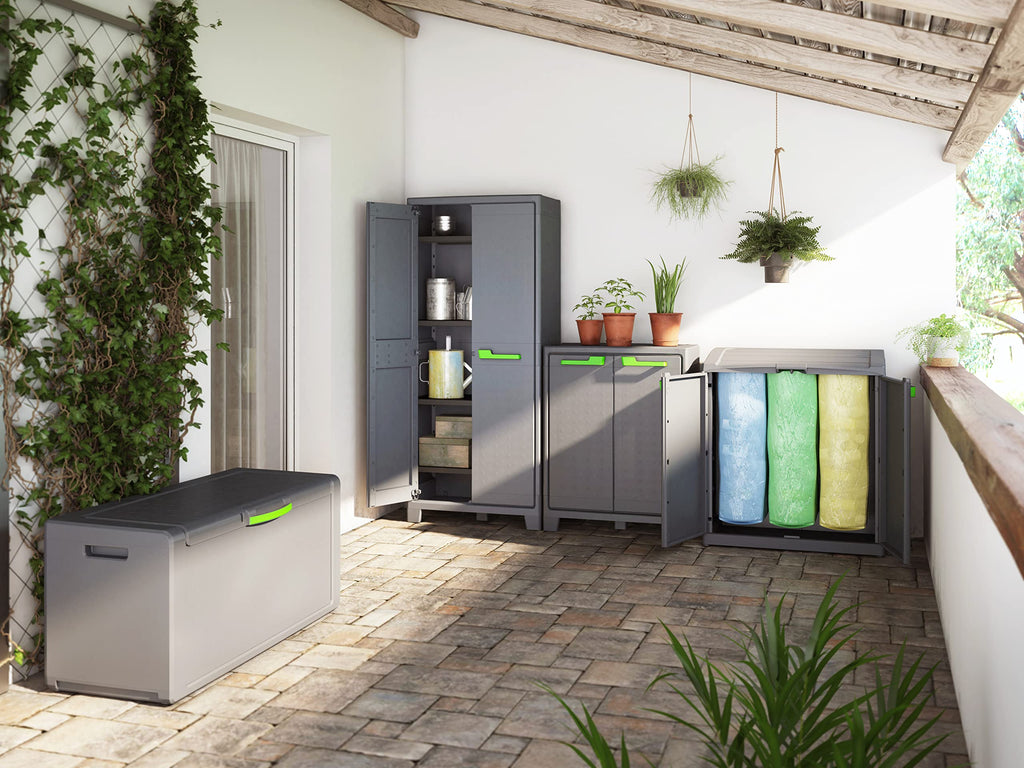 Keter Moby Kunststoffschrank, hoch, anthrazit/grün/grau, 80 x 44 x 182 cm, inkl. 4 höhenverstellbaren Böden mit je 30kg Tragkraft, für drinnen und draußen geeignet, UV- und wasserbeständig (IPX3)