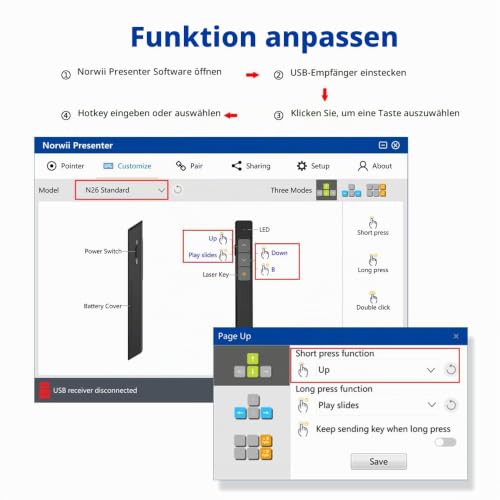 Norwii Präsentationsfernbedienung mit Laserpointer Rot für PowerPoint, AAA