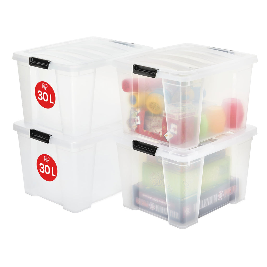Iris Ohyama, Aufbewahrungsbox aus Kunststoff, 4er-Set, 30L - HB-30 - Transparent, L43 x T35 x H25.5 cm