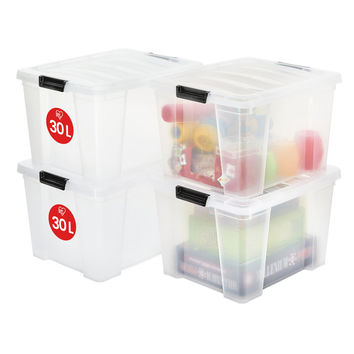 Iris Ohyama, Aufbewahrungsbox aus Kunststoff, 4er-Set, 30L - HB-30 - Transparent, L43 x T35 x H25.5 cm