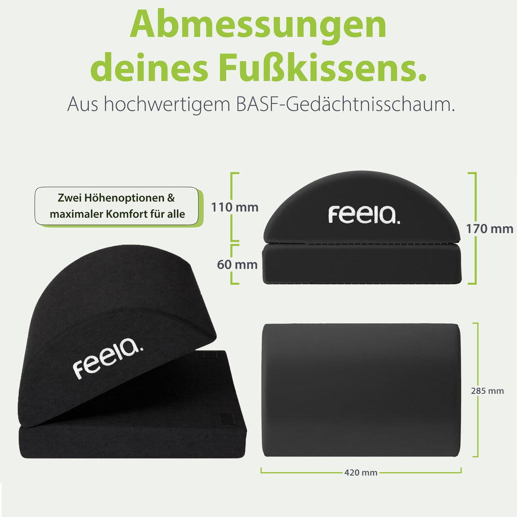 feela.® Ergonomische Fußstütze Schreibtisch [VERGLEICHSSIEGER] mit Wärmekissen – Höhenverstellbarer Fußhocker, Premium-Schaumkern & rutschfest. Ideales Homeoffice Büro Zubehör (Schwarz)