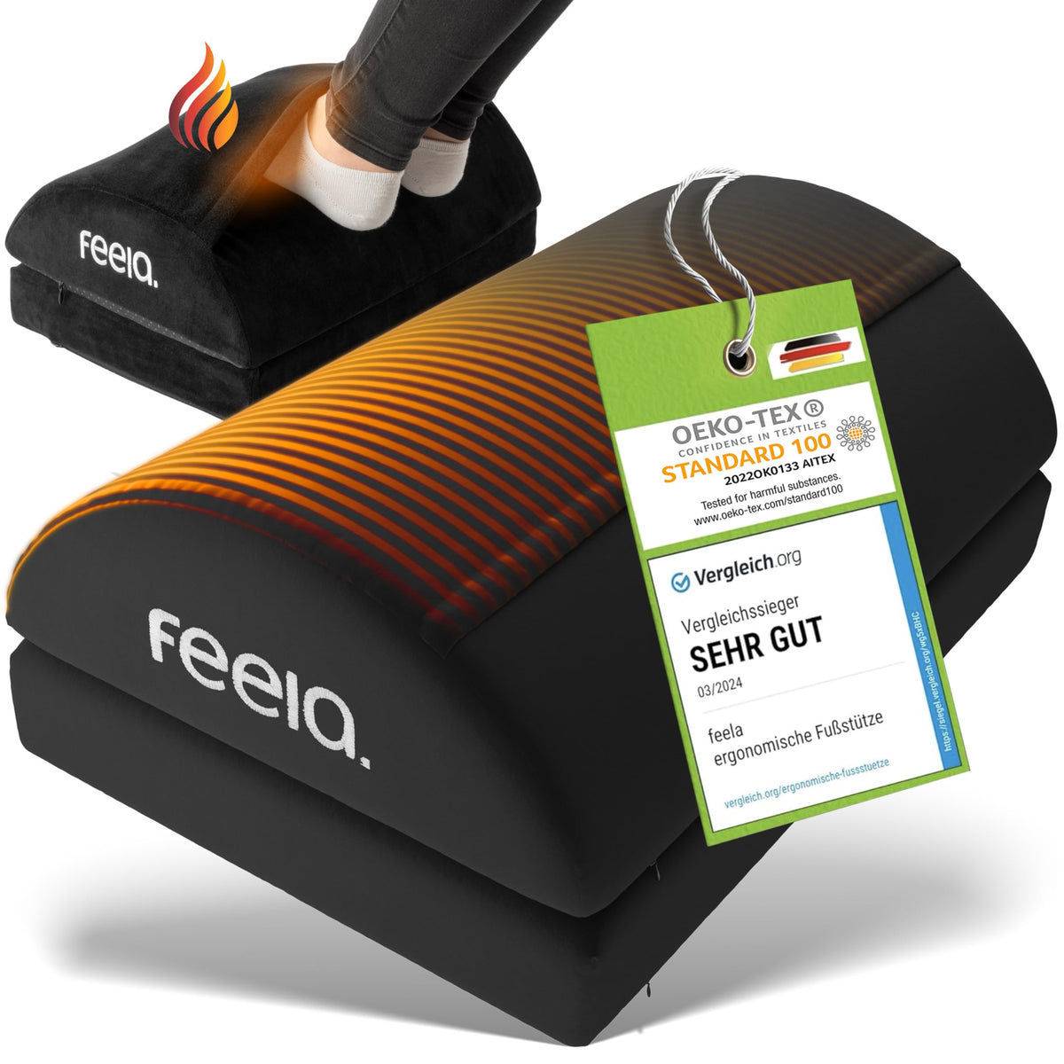 feela.® Ergonomische Fußstütze Schreibtisch [VERGLEICHSSIEGER] mit Wärmekissen – Höhenverstellbarer Fußhocker, Premium-Schaumkern & rutschfest. Ideales Homeoffice Büro Zubehör (Schwarz)