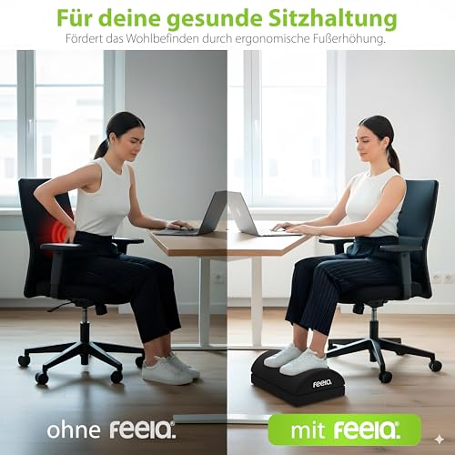 feela.® Ergonomische Fußstütze Schreibtisch [VERGLEICHSSIEGER] mit Wärmekissen – Höhenverstellbarer Fußhocker, Premium-Schaumkern & rutschfest. Ideales Homeoffice Büro Zubehör (Schwarz)