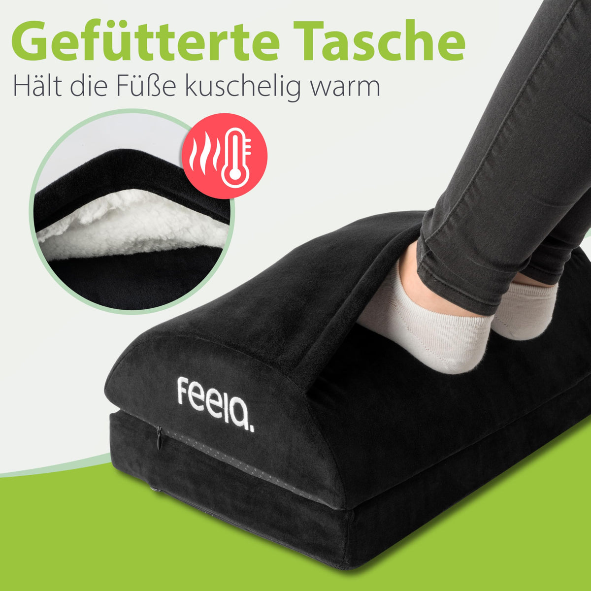 feela.® Ergonomische Fußstütze Schreibtisch [VERGLEICHSSIEGER] mit Wärmekissen – Höhenverstellbarer Fußhocker, Premium-Schaumkern & rutschfest. Ideales Homeoffice Büro Zubehör (Schwarz)