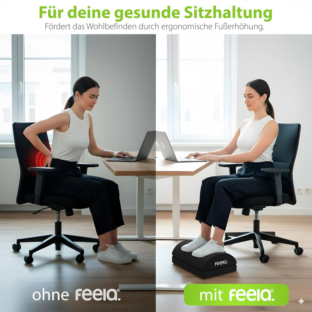 feela.® Ergonomische Fußstütze Schreibtisch [VERGLEICHSSIEGER] mit Wärmekissen – Höhenverstellbarer Fußhocker, Premium-Schaumkern & rutschfest. Ideales Homeoffice Büro Zubehör (Schwarz)