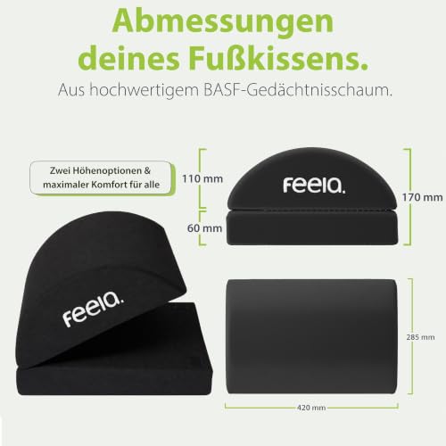 feela.® Ergonomische Fußstütze Schreibtisch [VERGLEICHSSIEGER] mit Wärmekissen – Höhenverstellbarer Fußhocker, Premium-Schaumkern & rutschfest. Ideales Homeoffice Büro Zubehör (Schwarz)