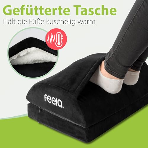 feela.® Ergonomische Fußstütze Schreibtisch [VERGLEICHSSIEGER] mit Wärmekissen – Höhenverstellbarer Fußhocker, Premium-Schaumkern & rutschfest. Ideales Homeoffice Büro Zubehör (Schwarz)