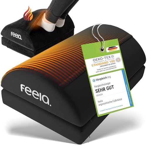 feela.® Ergonomische Fußstütze Schreibtisch [VERGLEICHSSIEGER] mit Wärmekissen – Höhenverstellbarer Fußhocker, Premium-Schaumkern & rutschfest. Ideales Homeoffice Büro Zubehör (Schwarz)