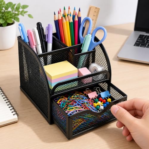 Schreibtischorganizer – Metallgitter Stiftehalter mit 4 Fächern & Ausziehbarer Schublade, Kompakte Büroorganisation für Büro, Zuhause & Schule