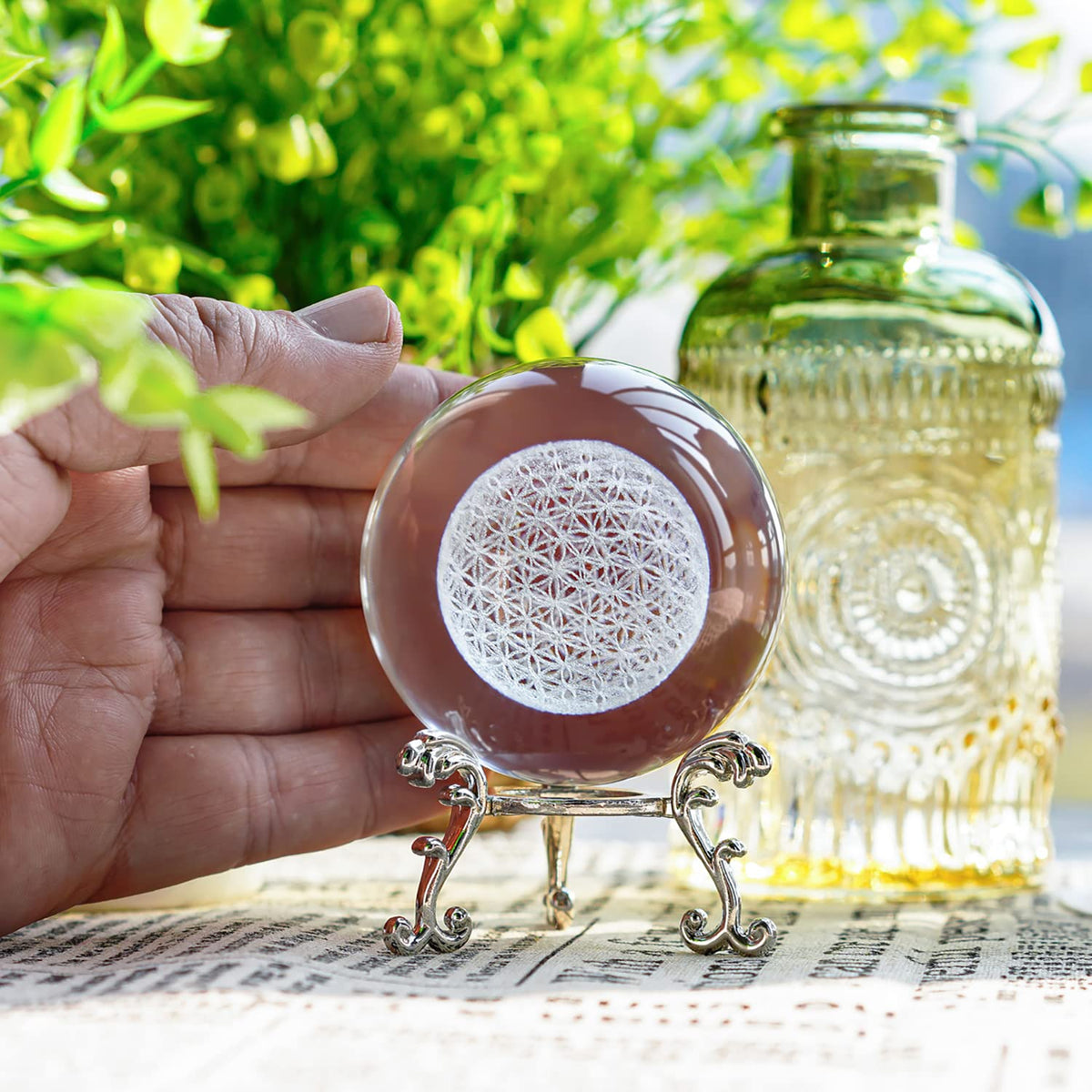 3D Briefbeschwerer mit Kristallkugel Blume des Lebens mit Ständer einzigartige Kugel aus Glas mit Lasergravur Chakra Heilgitter Blumenkugel für Dekoration für Freundin, Ehefrau, Mutter und Tante