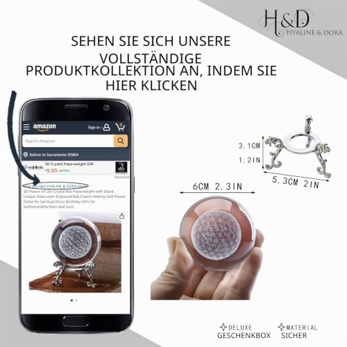 3D Briefbeschwerer mit Kristallkugel Blume des Lebens mit Ständer einzigartige Kugel aus Glas mit Lasergravur Chakra Heilgitter Blumenkugel für Dekoration für Freundin, Ehefrau, Mutter und Tante