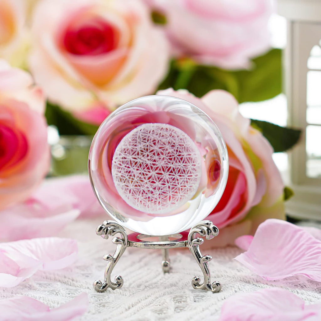 3D Briefbeschwerer mit Kristallkugel Blume des Lebens mit Ständer einzigartige Kugel aus Glas mit Lasergravur Chakra Heilgitter Blumenkugel für Dekoration für Freundin, Ehefrau, Mutter und Tante