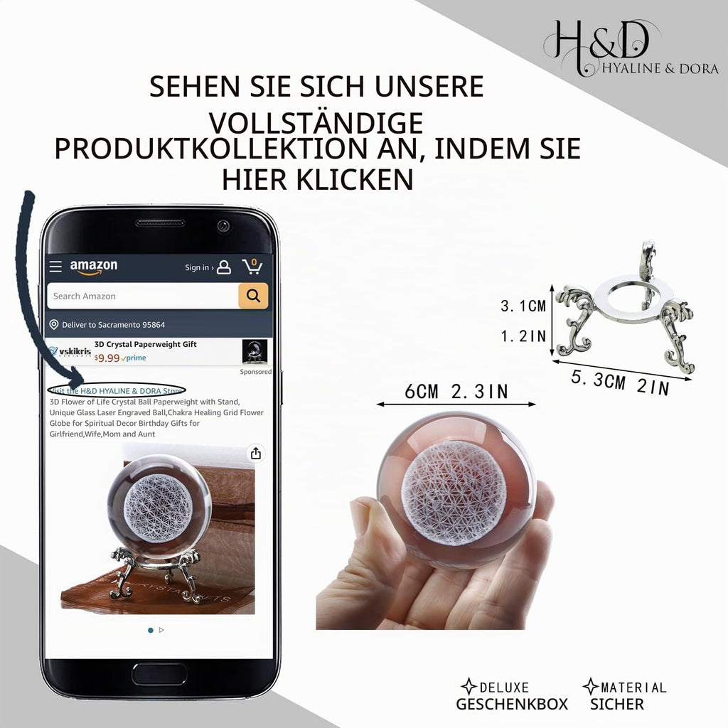 3D Briefbeschwerer mit Kristallkugel Blume des Lebens mit Ständer einzigartige Kugel aus Glas mit Lasergravur Chakra Heilgitter Blumenkugel für Dekoration für Freundin, Ehefrau, Mutter und Tante