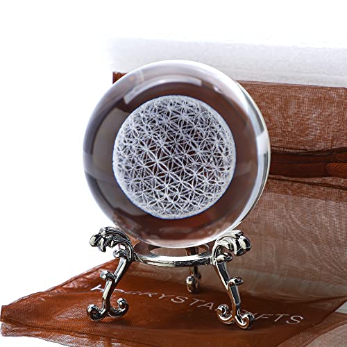 3D Briefbeschwerer mit Kristallkugel Blume des Lebens mit Ständer einzigartige Kugel aus Glas mit Lasergravur Chakra Heilgitter Blumenkugel für Dekoration für Freundin, Ehefrau, Mutter und Tante