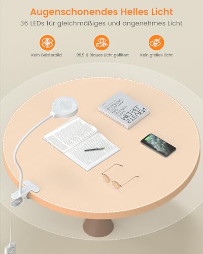 Glocusent 5W Leselampe Bett, 36 LED Augenschonende Klemmlampe Bett