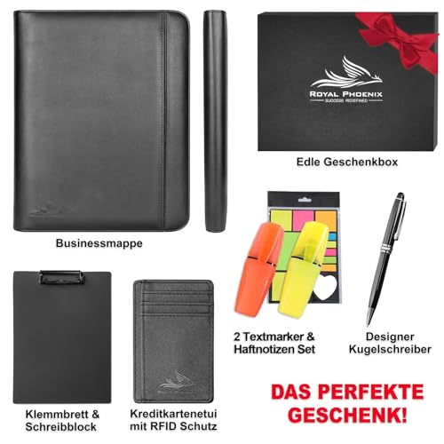 Business Schreibmappe A4 'Hawk' - Hochwertige Ringbuchmappe mit Reißverschluss - inkl. Kreditkartenetui + weiteren EXTRAS - Arbeitsmappe aus hochwertigem Kunstleder in Schwarz