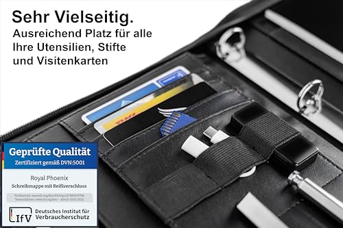 Business Schreibmappe A4 'Hawk' - Hochwertige Ringbuchmappe mit Reißverschluss - inkl. Kreditkartenetui + weiteren EXTRAS - Arbeitsmappe aus hochwertigem Kunstleder in Schwarz