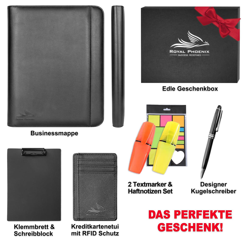 Business Schreibmappe A4 'Hawk' - Hochwertige Ringbuchmappe mit Reißverschluss - inkl. Kreditkartenetui + weiteren EXTRAS - Arbeitsmappe aus hochwertigem Kunstleder in Schwarz