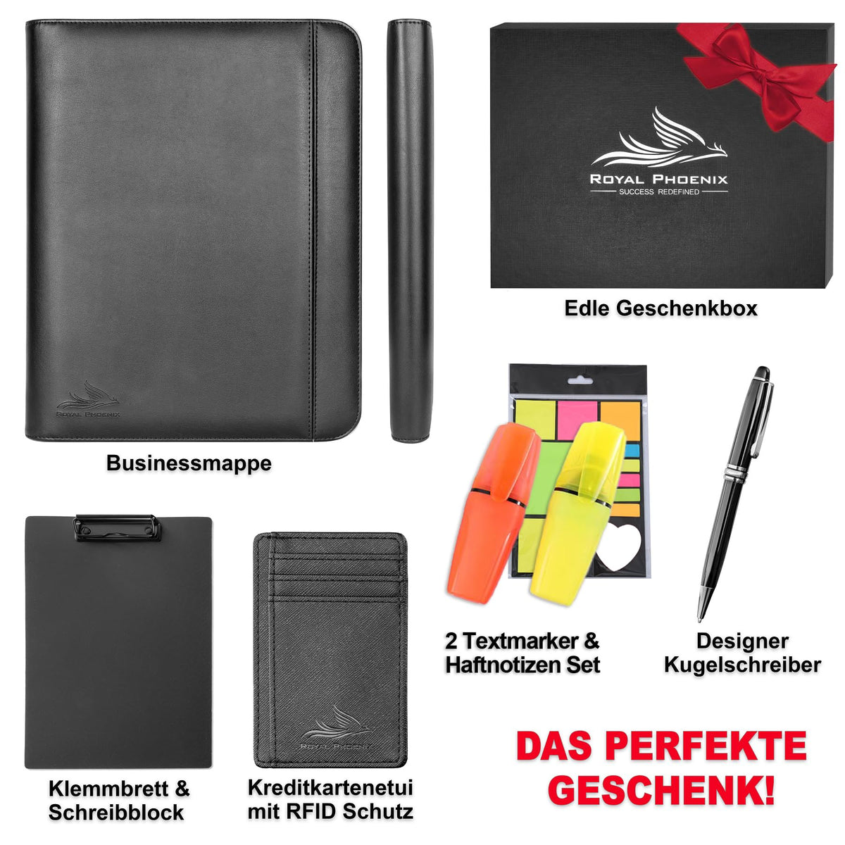 Business Schreibmappe A4 'Hawk' - Hochwertige Ringbuchmappe mit Reißverschluss - inkl. Kreditkartenetui + weiteren EXTRAS - Arbeitsmappe aus hochwertigem Kunstleder in Schwarz