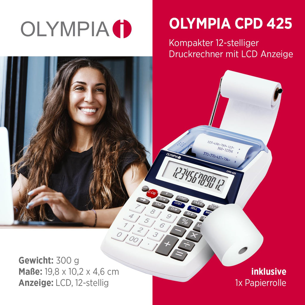 Olympia CPD 425 Tischrechner druckend, 12- stellige, LCD- Anzeige, 119.9 x 102.2 x 45.7 mm