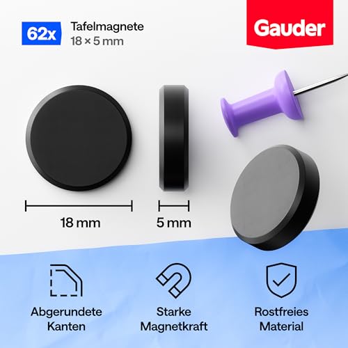GAUDER Magnete für Magnettafel, Whiteboard & Kühlschrank (62 Stück 18x5mm)