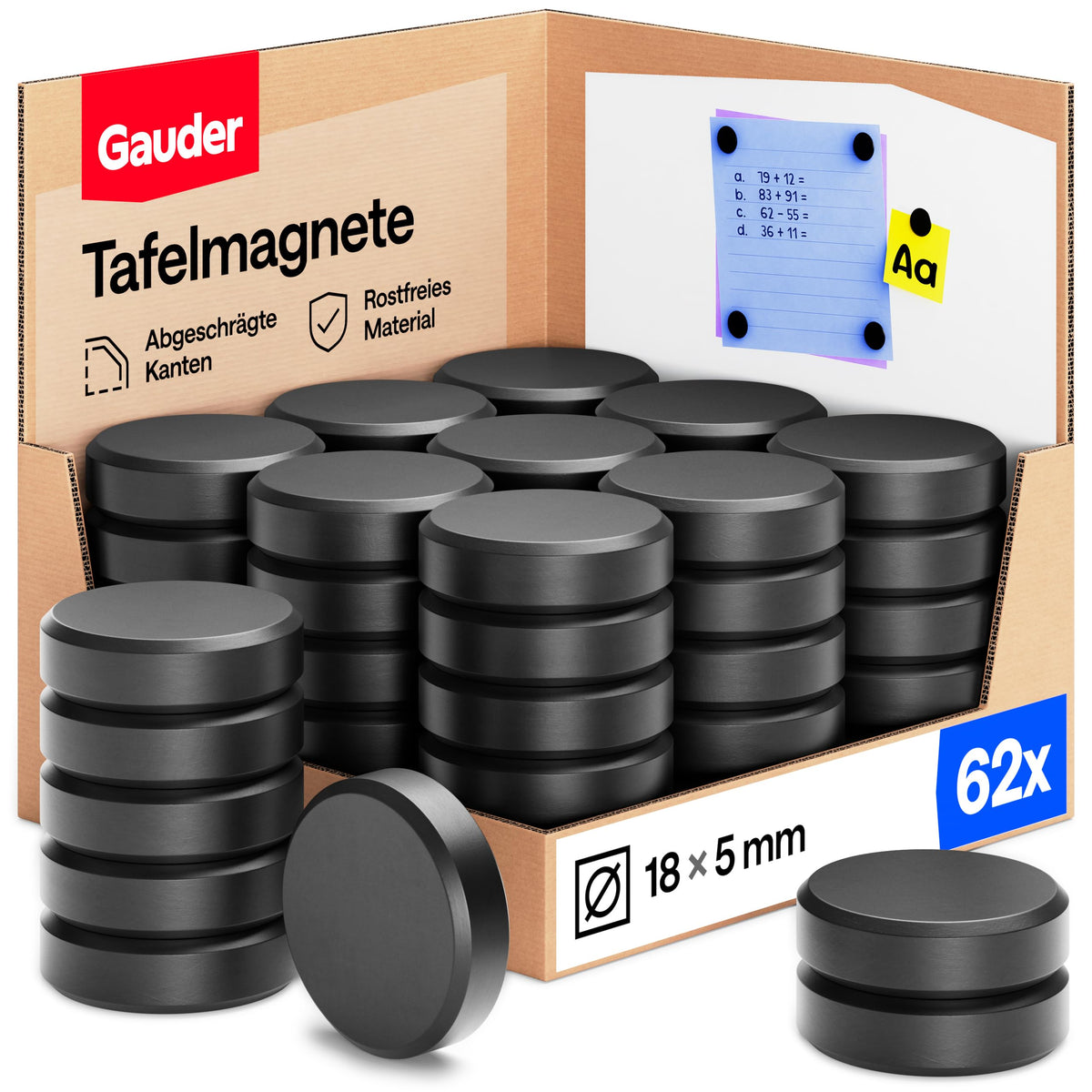 GAUDER Magnete für Magnettafel, Whiteboard & Kühlschrank (62 Stück 18x5mm)