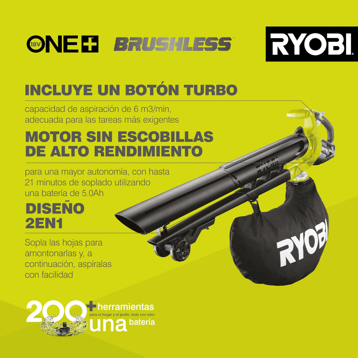 RYOBI 18 V ONE+ Brushless Akku-Laubsauger OBV18, Gebläsefunktion