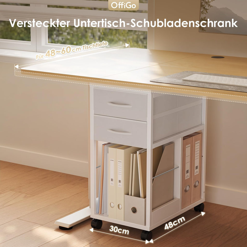 OffiGo Rollcontainer Schreibtisch mit Rollen und 2 Schubladen，Weiß