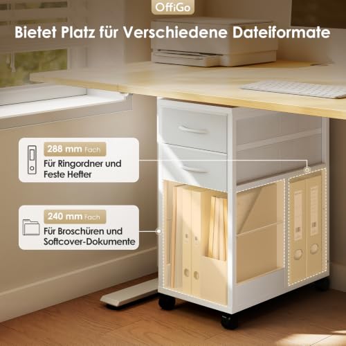 OffiGo Rollcontainer Schreibtisch mit Rollen und 2 Schubladen，Weiß