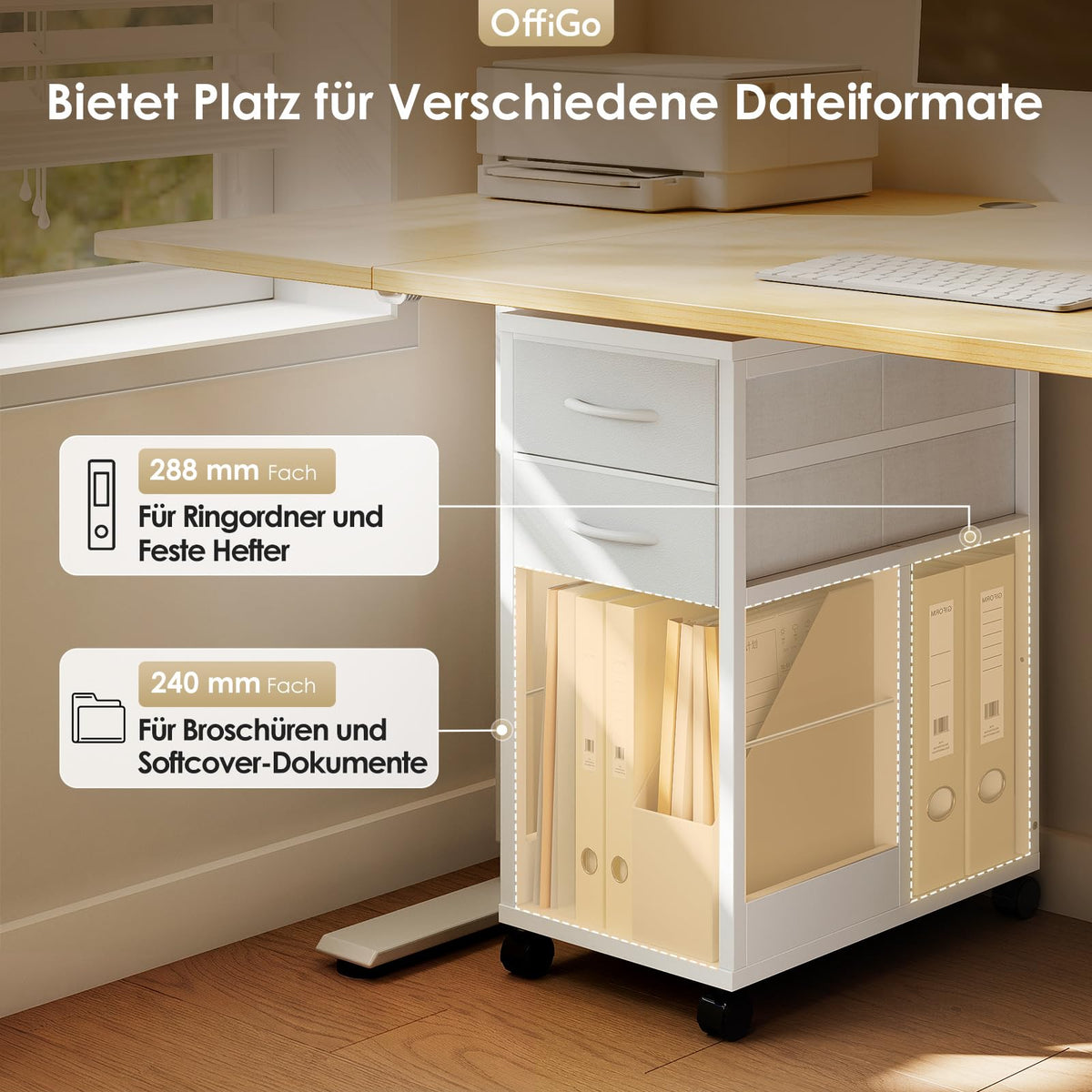 OffiGo Rollcontainer Schreibtisch mit Rollen und 2 Schubladen，Weiß