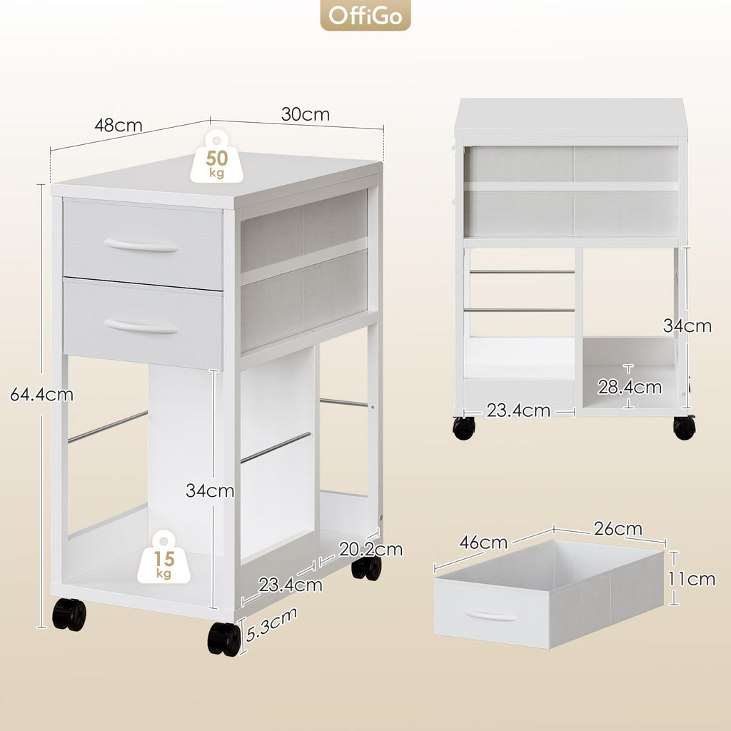 OffiGo Rollcontainer Schreibtisch mit Rollen und 2 Schubladen，Weiß