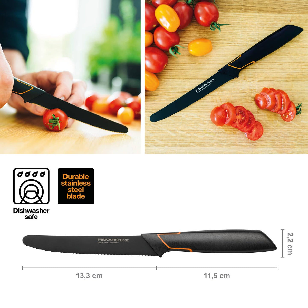 Fiskars Tomatenmesser, Modernes Design, Gezahnte Klinge, Gesamtlänge: 25 cm