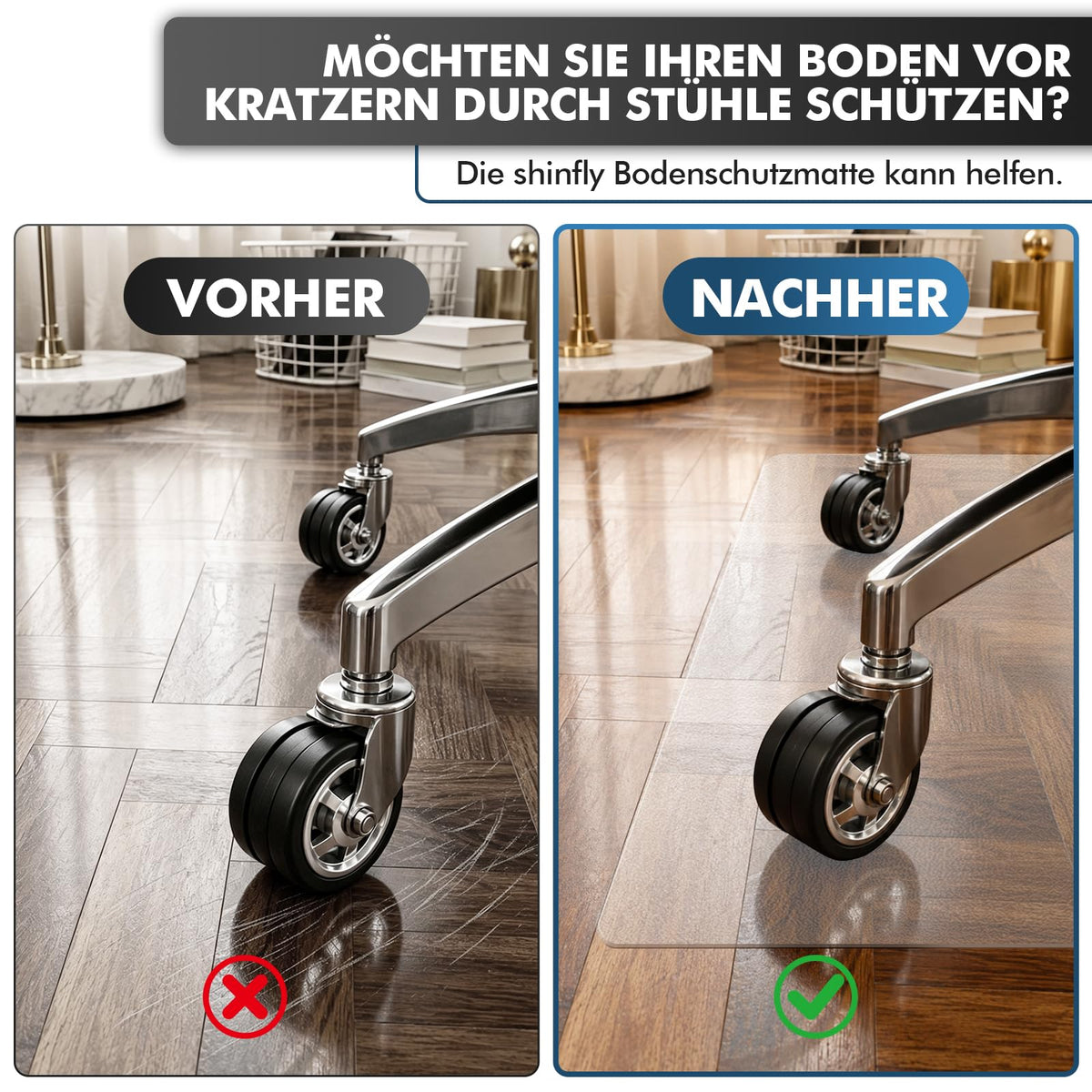 Shinfly Bodenschutzmatte Bürostuhl Transparent 90 x 120 cm, PVC Schreibtischstuhl Unterlage 1,5 mm, rutschfeste Kratzfeste geräuschdämmende Stuhlmatte für Hartböden