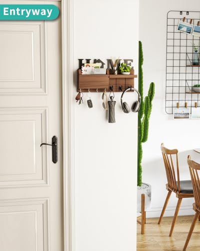 HapiRm Schlüsselhalter mit HOME Dekoration, Schlüsselbrett Holz mit 7 Schlüsselhaken, Schlüsselbrett mit Ablage Geeignet für Eingangsbereich, Haustür, Flur, Schlafzimmer, Büro, Braun