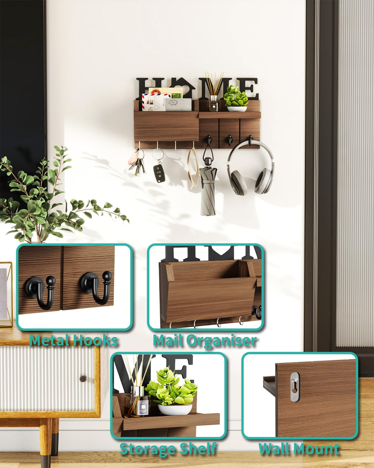 HapiRm Schlüsselhalter mit HOME Dekoration, Schlüsselbrett Holz mit 7 Schlüsselhaken, Schlüsselbrett mit Ablage Geeignet für Eingangsbereich, Haustür, Flur, Schlafzimmer, Büro, Braun