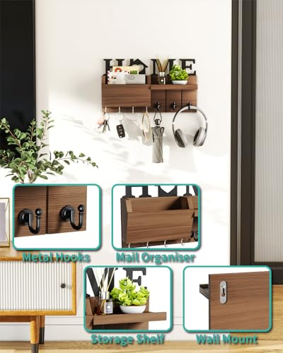 HapiRm Schlüsselhalter mit HOME Dekoration, Schlüsselbrett Holz mit 7 Schlüsselhaken, Schlüsselbrett mit Ablage Geeignet für Eingangsbereich, Haustür, Flur, Schlafzimmer, Büro, Braun