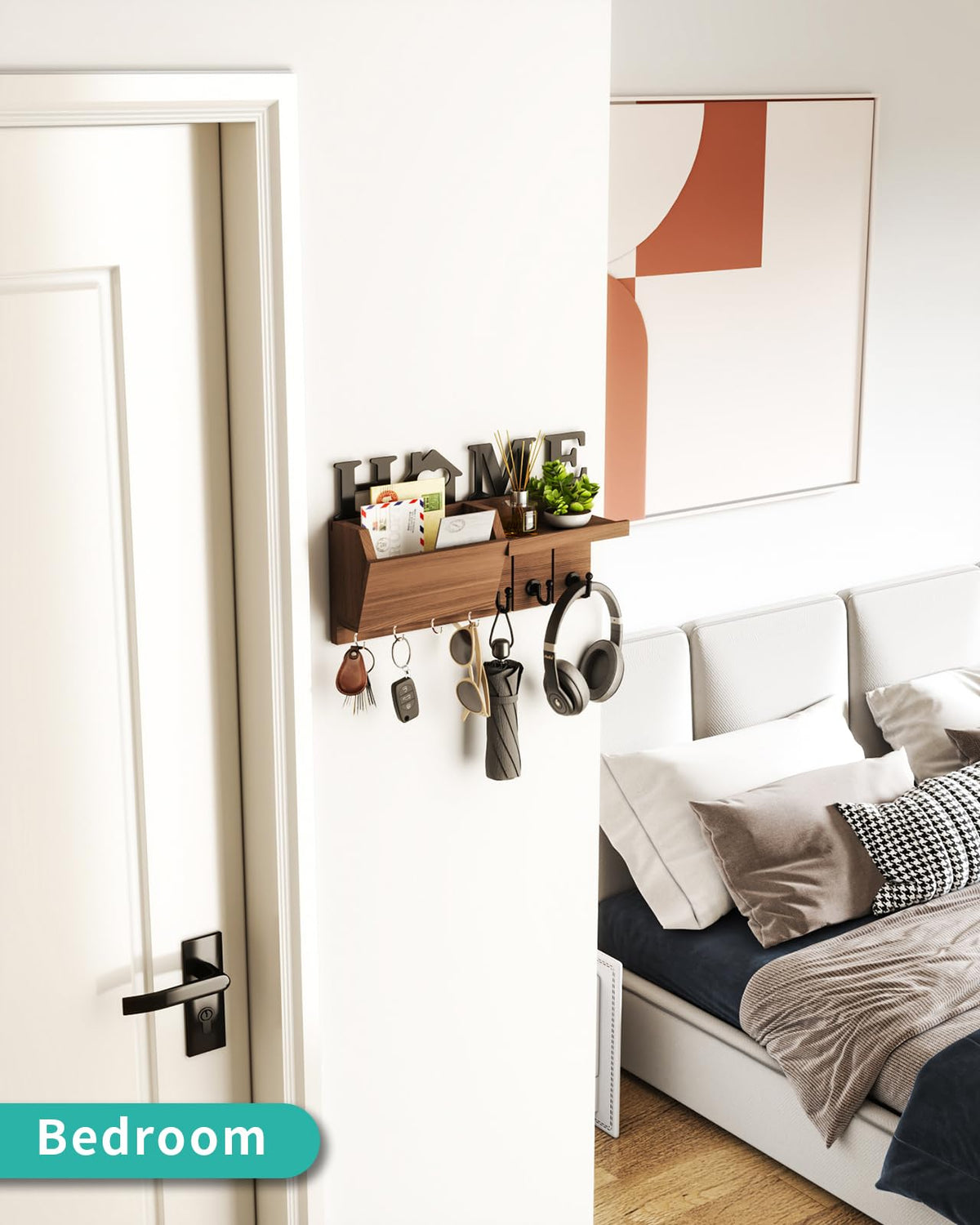 HapiRm Schlüsselhalter mit HOME Dekoration, Schlüsselbrett Holz mit 7 Schlüsselhaken, Schlüsselbrett mit Ablage Geeignet für Eingangsbereich, Haustür, Flur, Schlafzimmer, Büro, Braun